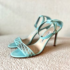 Manolo Blahnik Maurila Turquoise Geometric Laser Cut Sandal Heels